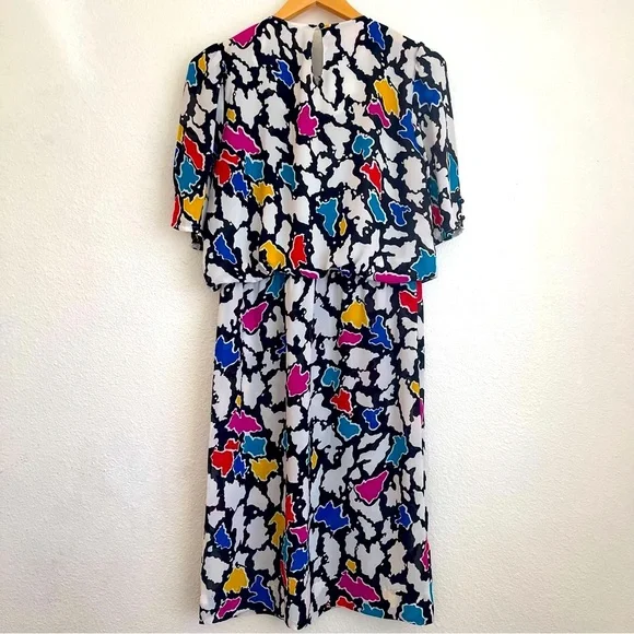 Vintage 1980s J.B. Too Blouson Abstract Print Midi Dress Multicolor Size… - Picture 11 of 15